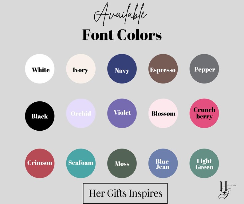 Peut inclure: Un nuancier de couleurs avec le texte "Couleurs de police disponibles" et les mots "Blanc", "Ivoire", "Marine", "Expresso", "Poivre", "Noir", "Orchid&eacute;e", "Violet", "Fleur", "Baie croquante", "Cramoisi", "&Eacute;cume de mer", "Mousse", "Jean bleu" et "Vert clair".