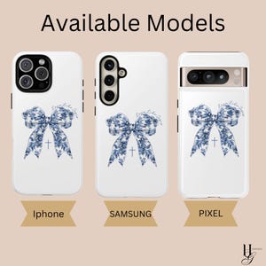 May include: Three white phone cases with a blue and white floral bow design and the text "Love Like Jesus". The cases are for iPhone, Samsung, and Pixel phones.