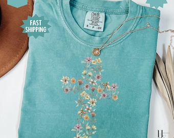 Camiseta Boho Floral Cristiana Estética Comfort Colors® Ropa Religiosa para Mujeres Ropa de Pascua Regalo para Amantes de la Iglesia Camiseta Cruz de Jesús Camiseta Flores de Primavera
