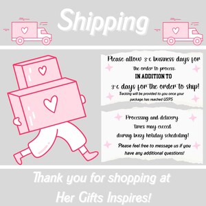 May include: A pink cartoon illustration shows a figure carrying two pink boxes with heart designs. The word "Shipping" is at the top. Text below states processing and shipping times, and thanks customers for shopping.