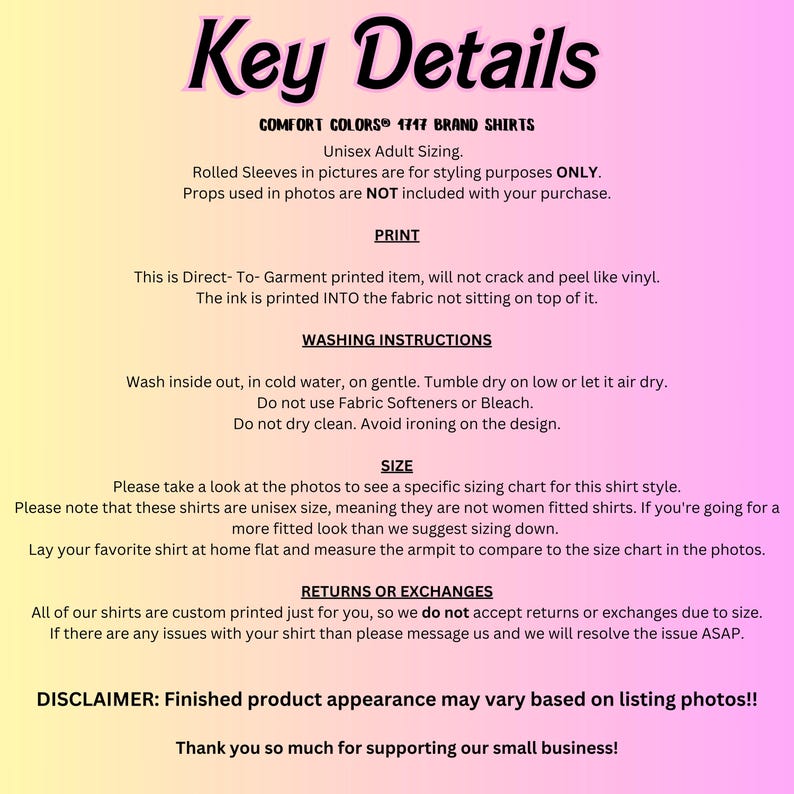 May include: Image with text detailing product information for Comfort Colors 1717 brand shirts. The text includes sizing, washing instructions, and return policies. The text is in black and purple on a gradient background.