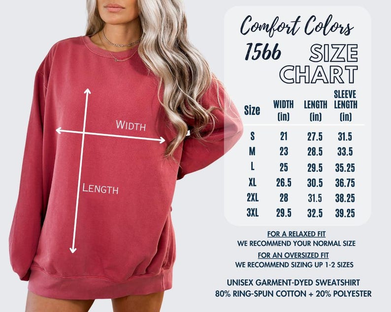 May include: A red long-sleeve crewneck sweatshirt with a size chart graphic. The chart lists Comfort Colors 1566, sizes S to 3XL, and measurements in inches for width, length, and sleeve length. It notes 80% ring-spun cotton and 20% polyester.