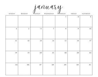 May include: A monochrome January calendar. The month's name, "january", is written in cursive. The days of the week are above the grid, and the dates from 1 to 31 are inside the boxes.