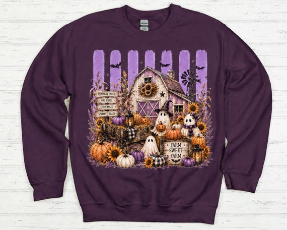 Farm Sweet Farm Halloween Sweatshirt, Purple Pumpkin Patch Ghost Crewneck, Rustic Fall Barn Sweatshirt, Cute Ghost Fall Shirt