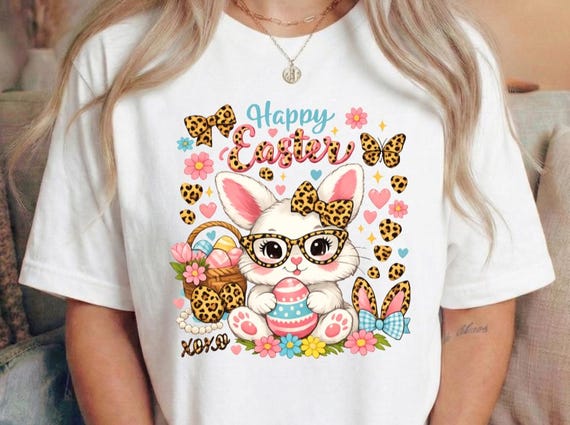 Leopard Print Bunny Easter Shirt, Girls Women Spring Graphic Tee
