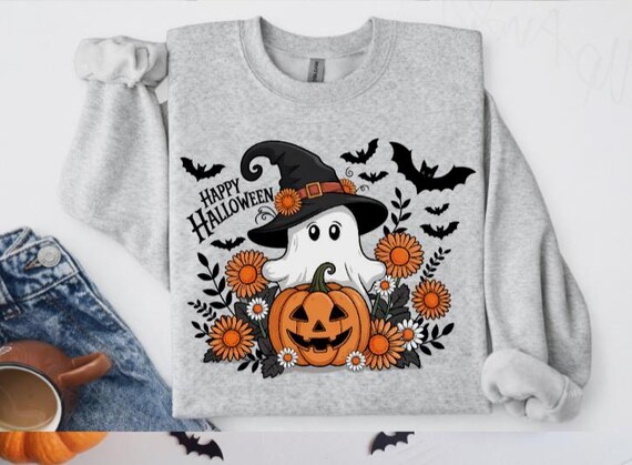 Cute Ghost Halloween Sweatshirt – Women’s Floral Pumpkin Fall Crewneck