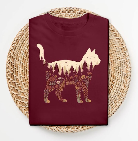 Cat Silhouette Forest Shirt | Wildflower Nature Tee, Cottagecore Boho Style