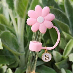 May include: Pink glass straw with a pink flower-shaped silicone top and a pink silicone ring. The straw has a gold charm with the letter "S" on it.