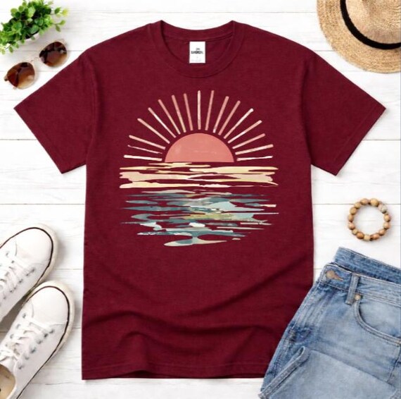 Retro Sunset Lake Graphic Tee, Minimalist Nature Reflection Shirt