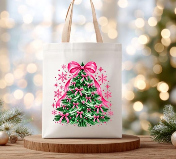 Christmas Tote Bag, Pink Bow Christmas Tree Canvas Bag, Christmas Book Bag