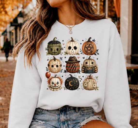 Vintage Horror Pumpkin Sweatshirt, Classic Slasher Movie Shirt, Women’s Halloween Crewneck, Murder Mystery Fall Apparel