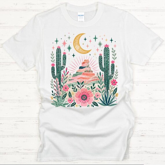Boho Desert Cactus Graphic Tee, Southwest Mountain Wildflower T-Shirt