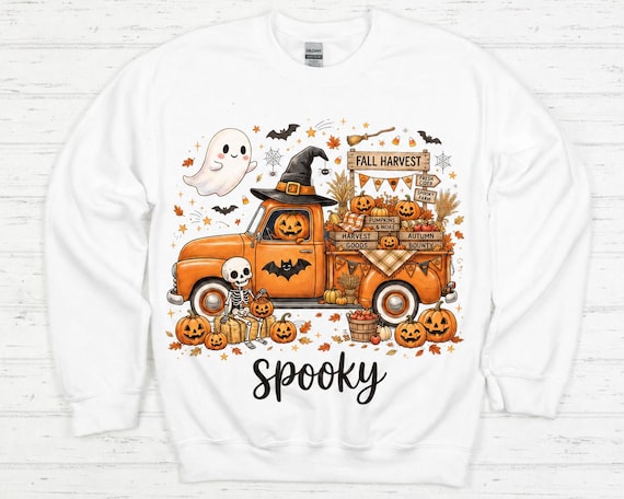 Spooky Pumpkin Truck Sweatshirt, Pink Halloween Sweatshirt, Vintage Pumpkin Patch Truck, Cute Ghost Fall Crewneck, Halloween Shirt