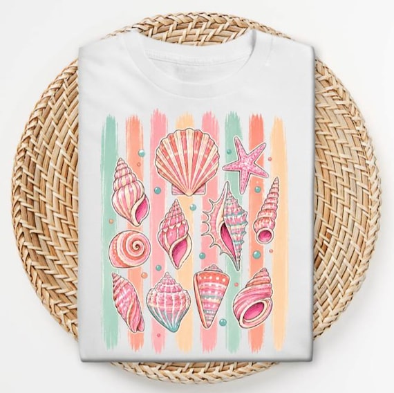 Seashell Graphic Tee, Pastel Beach Summer Shirt, Coastal Vacation Apparel