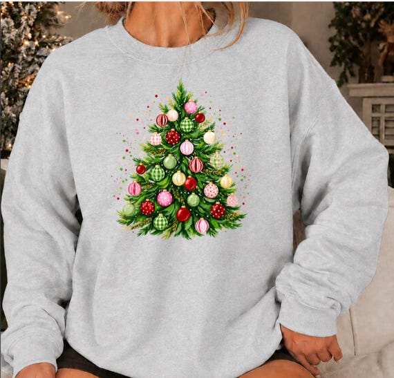 Christmas Tree Sweatshirt for Women, Colorful Ornament Graphic, Whimsical Holiday Crewneck