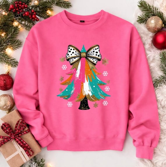 Pink Christmas Tree Sweatshirt, Coquette Bow Holiday Crewneck