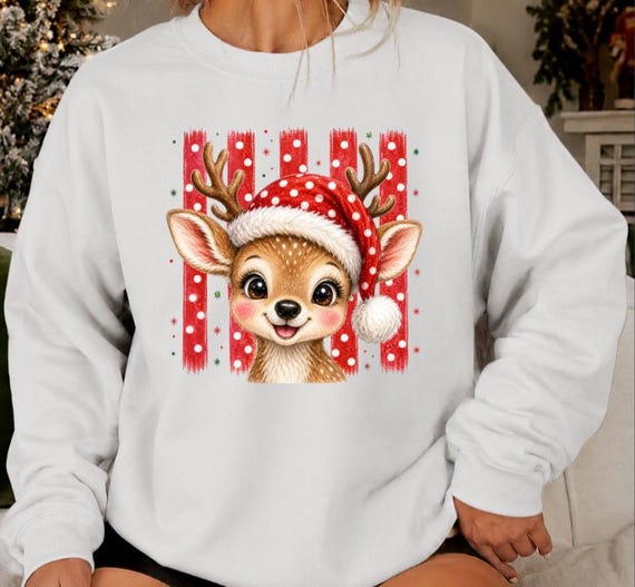 Cute Reindeer Christmas Sweatshirt, Women’s Holiday Crewneck, Festive Deer Sweater, Cute Christmas Shirt, Polka Dot Christmas Sweater