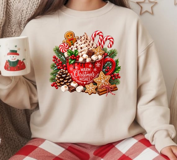 Christmas Hot Cocoa Sweatshirt, Warm Christmas Wishes Crewneck, Cozy Holiday Shirt for Women