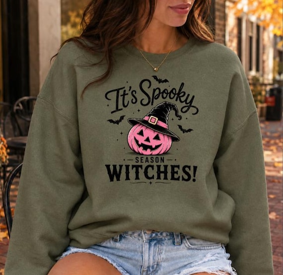 Spooky Season Witches Sweatshirt, Pink Pumpkin Halloween Crewneck, Witchy Fall Shirt, Cute Halloween Sweater for Women