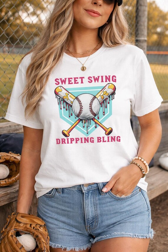 Sweet Swing Dripping Baseball Shirt, Pink Graphic Tee, Game Day Apparel