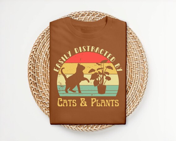 Easily Distracted by Cats & Plants Tee, Vintage Cat Lover Gift, Retro Aesthetic Cat T-Shirt
