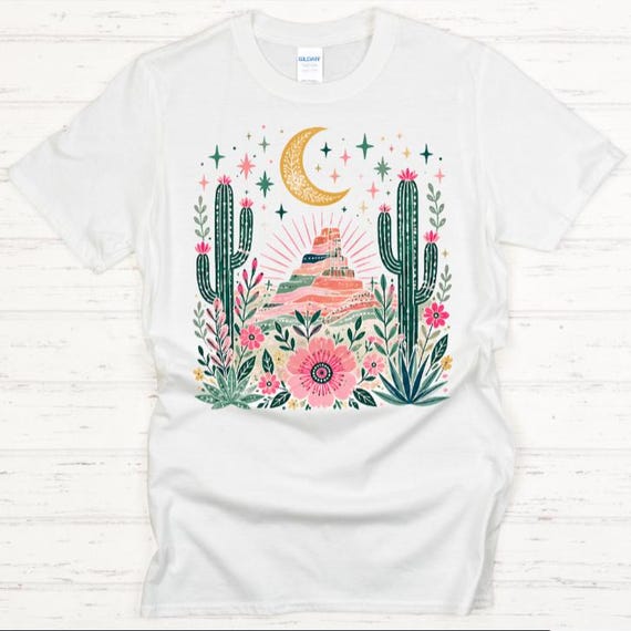 Boho Desert Floral Cactus Shirt, Southwest Mountain Graphic Tee