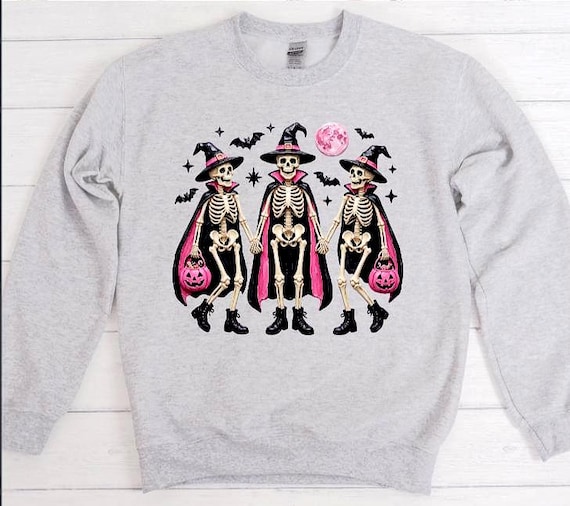 Skeleton Witches Sweatshirt, Women’s Halloween Crewneck, Pink Spooky Season Shirt, Witchy Cottagecore Top, Cute Skeleton Pullover