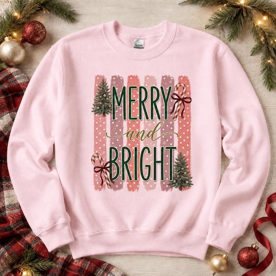 Merry and Bright Christmas Sweatshirt for Women, Preppy Pink Holiday Crewneck, Candy Cane Christmas Shirt, Cute Festive Sweater