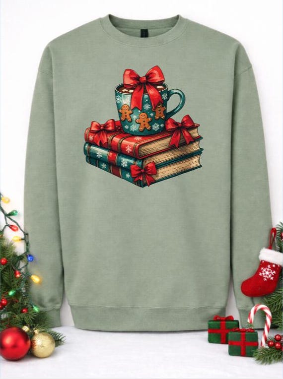 Christmas Book Lover Sweatshirt, Cozy Reading Coffee Mug Graphic Sweater
