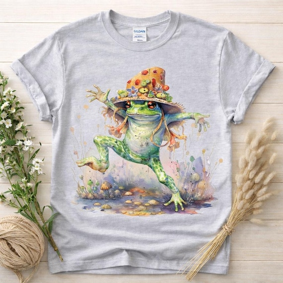 Frog Mushroom Hat Shirt, Whimsical Watercolor Woodland Tee, Boho Nature Top