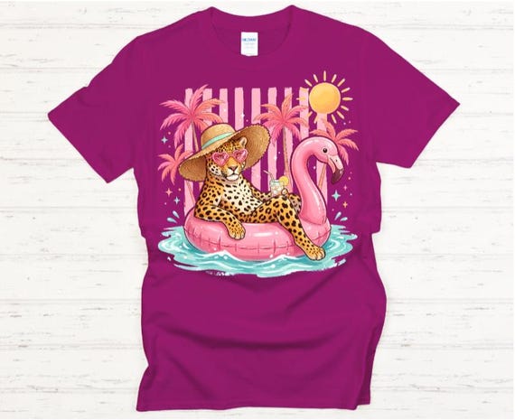 Leopard Flamingo Summer Shirt | Tropical Vacation Graphic Tee | Cute Beach Pool Float Shirt | Pink Flamingo Leopard Tee | Women’s Summer Top