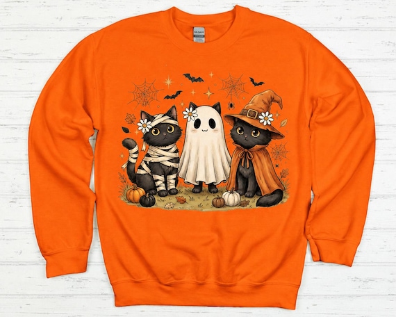 Cute Halloween Cat Sweatshirt, Black Cat Ghost Sweatshirt, Kawaii Halloween Crewneck, Spooky Cat Shirt, Fall Pumpkin Sweatshirt