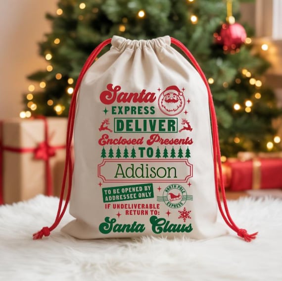 Personalized Santa Sack, Large Cotton Canvas Christmas Gift Bag, Custom Name Santa Express Delivery Bag, Kids Holiday Gift Sack