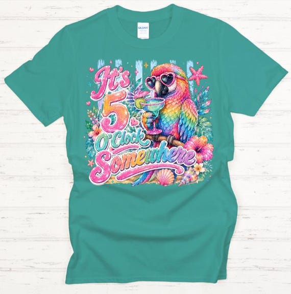 It's 5 O'clock Somewhere Parrot Shirt, Tropical Cocktail Tee, Beach Vacation T-Shirt, Funny Summer Drinking Shirt