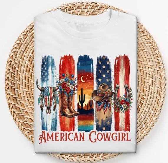 American Cowgirl Shirt, Patriotic Western Boots, Horseshoe, Longhorn Graphic Tee