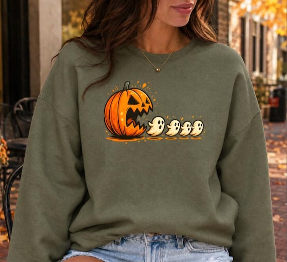 Funny Ghost Halloween Sweatshirt, Pumpkin Pacman Crewneck, Cute Spooky Season Shirt, Retro Halloween Sweater for Women