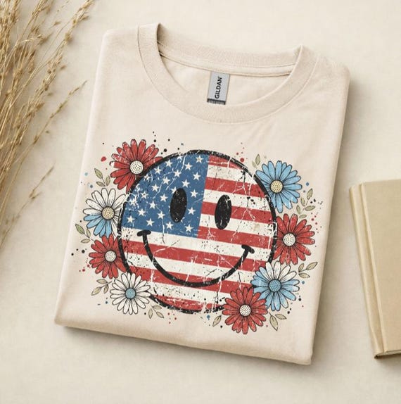Patriotic Smiley Face Shirt, Floral American Flag Tee, 4th of July Shirt, USA Daisy Shirt, Summer Patriotic T-Shirt, Memorial Day Tee