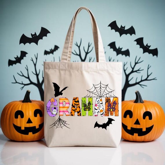 Personalized Halloween Tote Bag for Kids, Custom Name Trick or Treat Bag, Cute Ghost Pumpkin Candy Bag, Halloween Gift