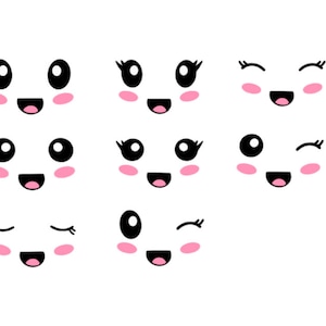 May include: A set of nine black and white cartoon faces with pink cheeks. The faces have different expressions, including happy, surprised, and winking.