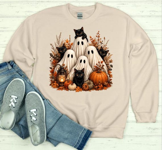 Black Cat Ghost Halloween Sweatshirt, Spooky Pumpkin Crewneck, Autumn Cat Lover Shirt