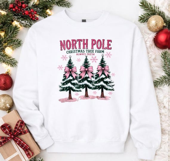 North Pole Christmas Tree Farm Sweatshirt, Coquette Pink Bow Holiday Crewneck