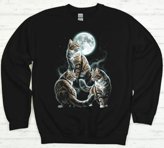 Three Cat Moon Sweatshirt, Funny Cat Lover Crewneck, Irreverent Feline Humor Shirt, Ugly Christmas Sweater Gift
