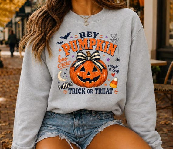Retro Halloween Sweatshirt, Hey Pumpkin Shirt, Preppy Pumpkin Crewneck, Vintage Trick or Treat Shirt, Cute Halloween Sweatshirt