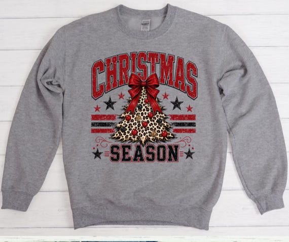 Christmas Season Sweatshirt, Leopard Print Christmas Tree, Varsity Holiday Crewneck, Women’s Casual Christmas Top