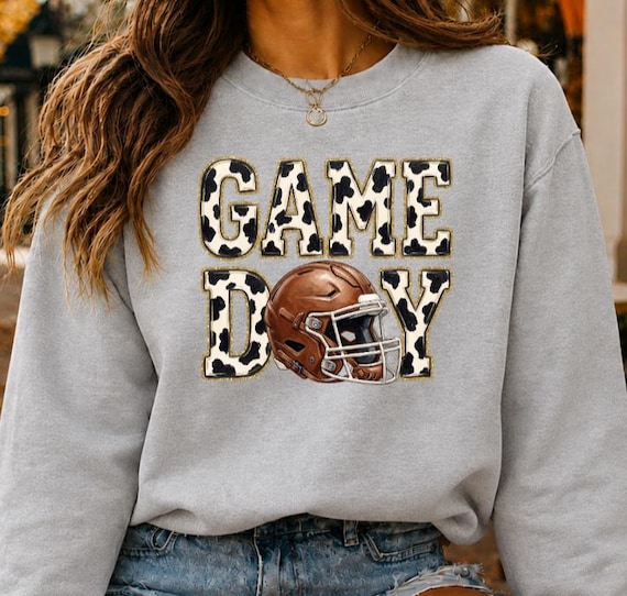 Game Day Football Sweatshirt, Cow Print Crewneck, Trendy Fall Shirt for Football Fans