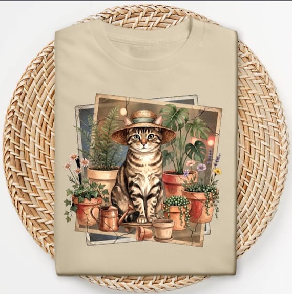 Botanical Cat Shirt, Tabby Cat Potted Plants, Cottagecore Garden Graphic Tee