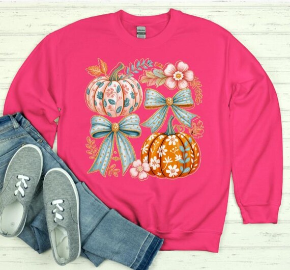 Floral Pumpkin Sweatshirt, Cute Coquette Fall Crewneck, Cozy Autumn Shirt for Women, Girly Pumpkin Lover Gift