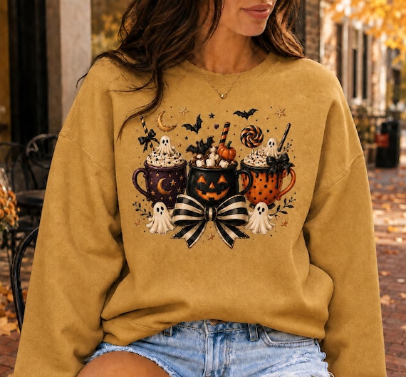 Cute Halloween Sweatshirt for Women, Ghost Coffee Mug Sweater, Spooky Season Crewneck, Cozy Fall Shirt, Pumpkin Halloween Pullover