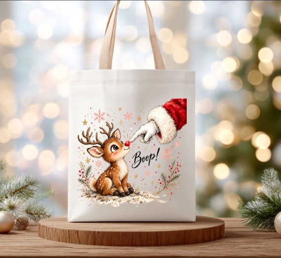 Christmas Reindeer Tote Bag, Cute Santa Boop Canvas Bag, Holiday Shopping Tote, Festive Christmas Gift Bag