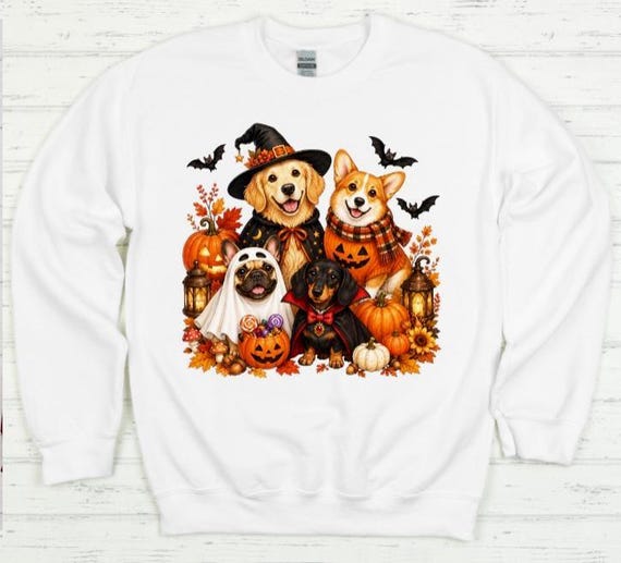 Halloween Dog Sweatshirt, Cute Costumed Dogs Crewneck, Spooky Dog Mom Shirt, Golden Retriever Corgi Pug Dachshund Gift